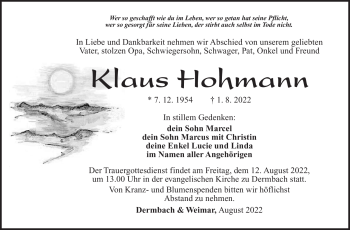 Traueranzeige von Klaus Hohmann von Südthüringer Presse