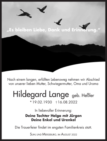 Traueranzeige von Hildegard Lange von Südthüringer Presse