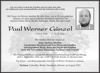 Traueranzeige von Paul Werner Günzel von Südthüringer Presse