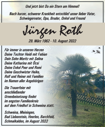 Traueranzeige von Jürgen Roth von Südthüringer Presse