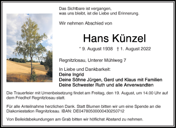 Traueranzeige von Hans Künzel von Frankenpost
