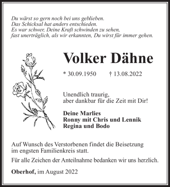 Traueranzeige von Volker Dähne von Südthüringer Presse