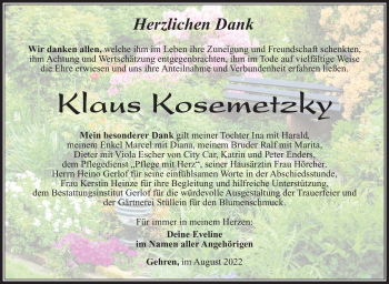 Traueranzeige von Klaus Kosemetzky von Südthüringer Presse