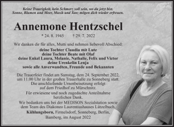 Traueranzeige von Annemone Hentzschel von Südthüringer Presse