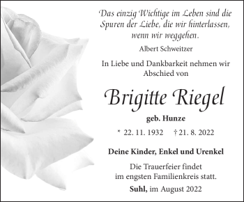 Traueranzeige von Brigitte Riegel von Südthüringer Presse