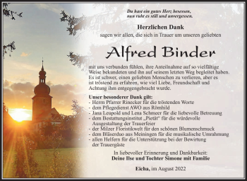 Traueranzeige von Alfred Binder von Südthüringer Presse