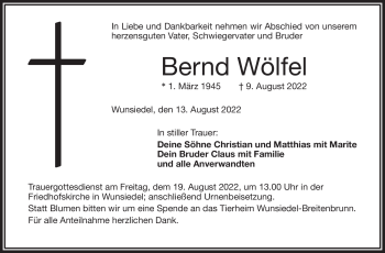 Traueranzeige von Bernd Wölfel von Frankenpost