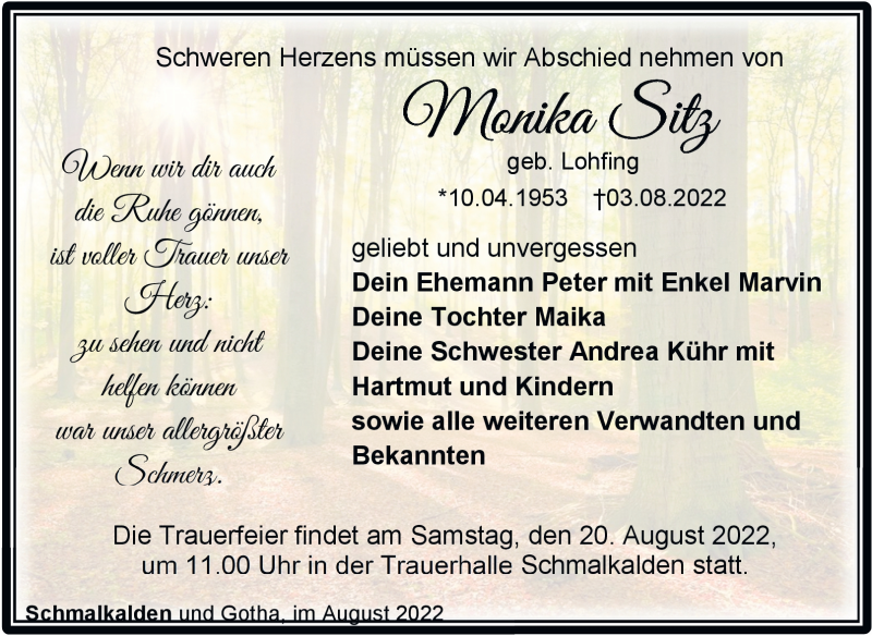  Traueranzeige für Monika Sitz vom 13.08.2022 aus Südthüringer Presse