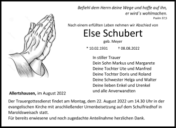 Traueranzeige von Else Schubert von Neue Presse Coburg