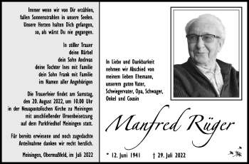 Traueranzeige von Manfred Rüger von Südthüringer Presse
