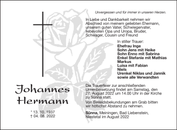 Traueranzeige von Johannes Hermann von Südthüringer Presse