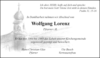 Traueranzeige von Wolfgang Lorenz von Frankenpost