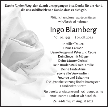 Traueranzeige von Ingo Blamberg von Südthüringer Presse