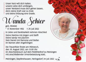 Traueranzeige von Wanda Schier von Südthüringer Presse