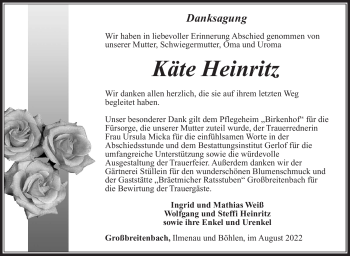 Traueranzeige von Käte Heinritz von Südthüringer Presse
