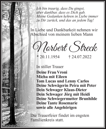 Traueranzeige von Norbert Streck von Südthüringer Presse