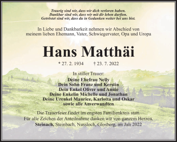 Traueranzeige von Hans Matthäi von Südthüringer Presse
