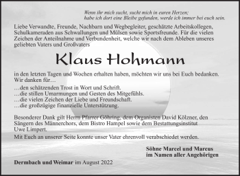 Traueranzeige von Klaus Hohmann von Südthüringer Presse