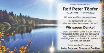 Traueranzeige von Rolf Peter Töpfer von Südthüringer Presse