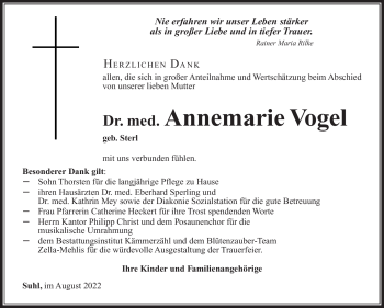 Traueranzeige von Annemarie Vogel von Südthüringer Presse