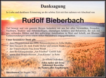 Traueranzeige von Rudolf Bieberbach von Südthüringer Presse