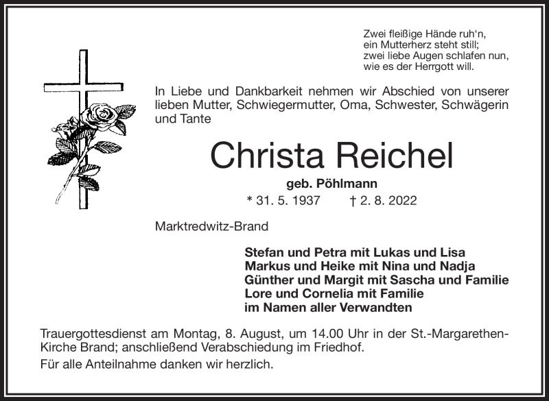  Traueranzeige für Christa Reichel vom 06.08.2022 aus Frankenpost