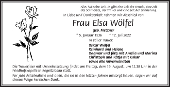 Traueranzeige von Elsa Wölfel von Frankenpost