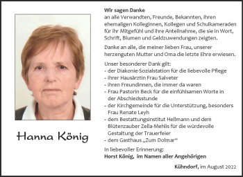 Traueranzeige von Hanna König von Südthüringer Presse