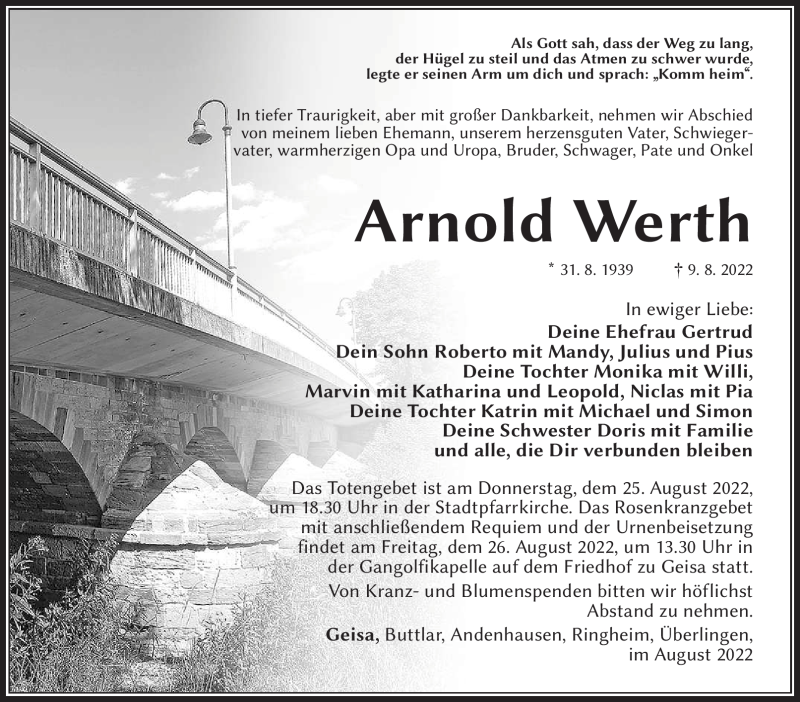  Traueranzeige für Arnold Werth vom 23.08.2022 aus Südthüringer Presse