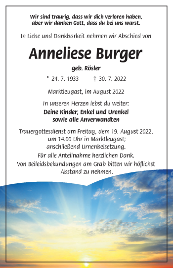 Traueranzeige von Anneliese Burger von Frankenpost