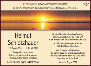 Traueranzeige von Helmut Schlotzhauser von Südthüringer Presse