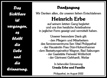 Traueranzeige von Heinrich Erbe von Südthüringer Presse