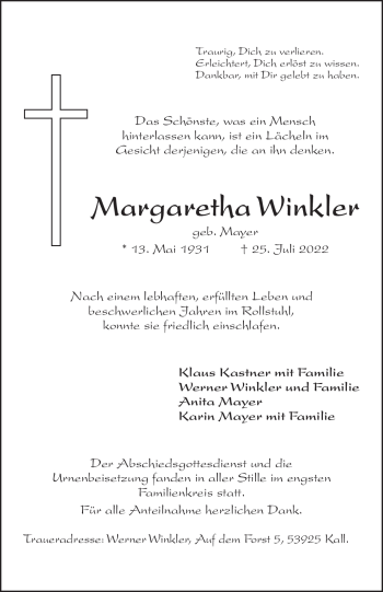 Traueranzeige von Margaretha Winkler von Frankenpost