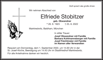 Traueranzeige von Elfriede Stobitzer von Frankenpost