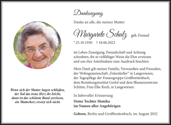 Traueranzeige von Margarete Schulz von Südthüringer Presse