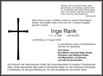 Traueranzeige von Inge Rank von Frankenpost