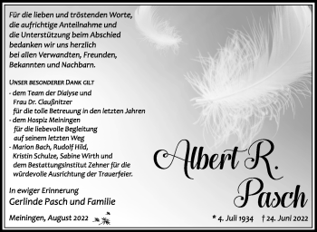 Traueranzeige von Albert Pasch von Südthüringer Presse