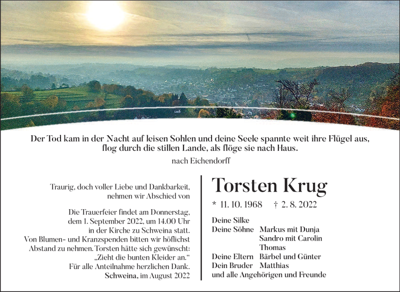  Traueranzeige für Torsten Krug vom 27.08.2022 aus Südthüringer Presse