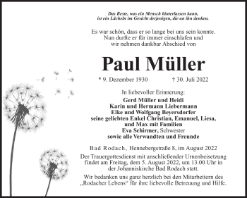 Traueranzeige von Paul Müller von Südthüringer Presse