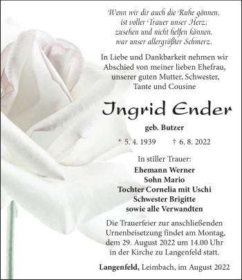 Traueranzeige von Ingrid Ender von Südthüringer Presse