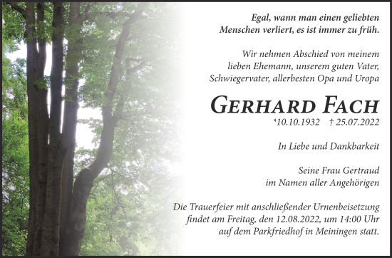 Traueranzeige von Gerhard Fach von Südthüringer Presse