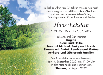 Traueranzeige von Hans Eckstein von Südthüringer Presse