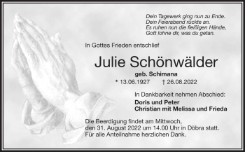 Traueranzeige von Julie Schönwälder von Frankenpost