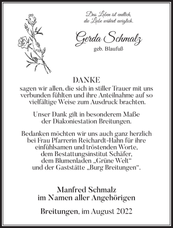 Traueranzeige von Gerda Schmalz von Südthüringer Presse