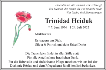 Traueranzeige von Trinidad Heiduk von Frankenpost