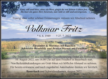 Traueranzeige von Volkmar Fritz von Südthüringer Presse