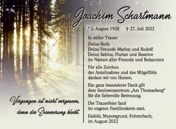 Traueranzeige von Joachim Schartmann von Südthüringer Presse