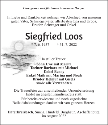 Traueranzeige von Siegfried Loos von Südthüringer Presse