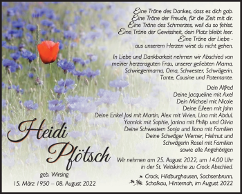 Traueranzeige von Heidi Pfötsch von Südthüringer Presse
