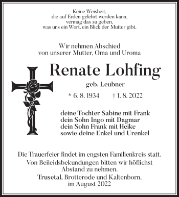Traueranzeige von Renate Lohfing von Südthüringer Presse